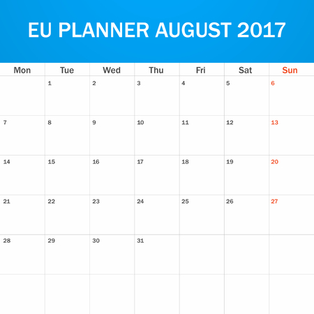 EU Planner blank for August 2017. Scheduler, agenda or diary template. Week starts on Mondayのイラスト素材