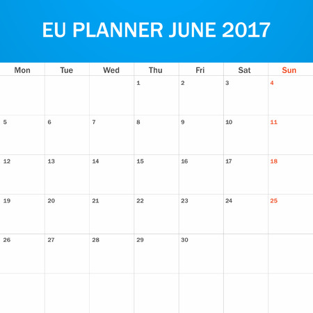 EU Planner blank for June 2017. Scheduler, agenda or diary template. Week starts on Mondayのイラスト素材
