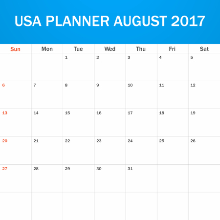 USA Planner blank for August 2017. Scheduler, agenda or diary template. Week starts on Sundayのイラスト素材