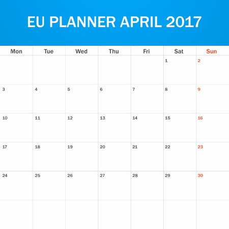 EU Planner blank for April 2017. Scheduler, agenda or diary template. Week starts on Mondayのイラスト素材