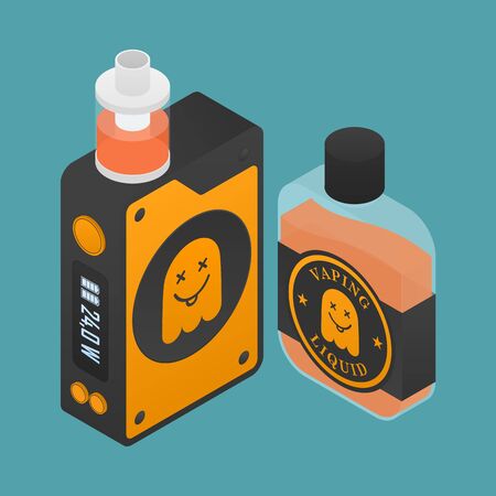 Isometric Icon of Vape device with ghost silhouette. Electronic cigarette with e-liquid bottle. Vector Vaping symbol. Box mod with Rebuildable tank atomizer, clearomizer, cartomizer.のイラスト素材