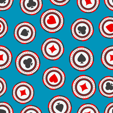 Seamless pattern of casino chips with card suits. Gambling vector backdrop. Endless backgroundのイラスト素材