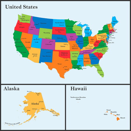 The detailed map of the USA including Alaska and Hawaii. The United States of America with the capitals and the biggest citiesのイラスト素材