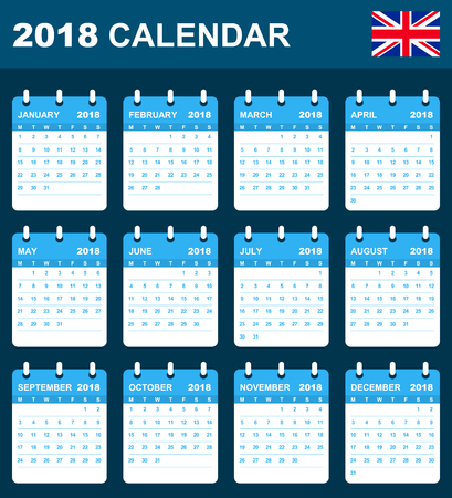 English Calendar for 2018. Scheduler, agenda or diary template. Week starts on Mondayのイラスト素材