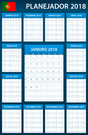 Portuguese Planner blank for 2018. Scheduler, agenda or diary template. Week starts on Mondayのイラスト素材