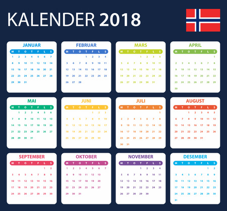 Norwegian Calendar for 2018. Scheduler, agenda or diary template. Week starts on Mondayのイラスト素材