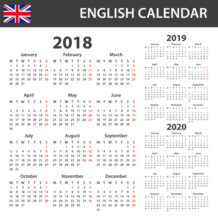 English Calendar for 2018, 2019 and 2020. Scheduler, agenda or diary template. Week starts on Mondayのイラスト素材