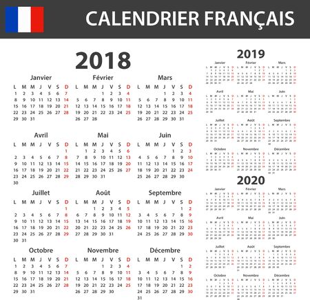 French Calendar for 2018, 2019 and 2020. Scheduler, agenda or diary template. Week starts on Mondayのイラスト素材