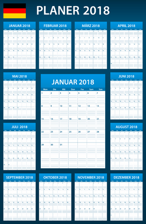 German Planner blank for 2018. Scheduler, agenda or diary template. Week starts on Mondayのイラスト素材