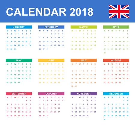 English Calendar for 2018. Scheduler, agenda or diary template. Week starts on Mondayのイラスト素材