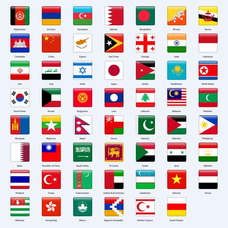 All flags of the countries of the Asia. Square glossy style.のイラスト素材