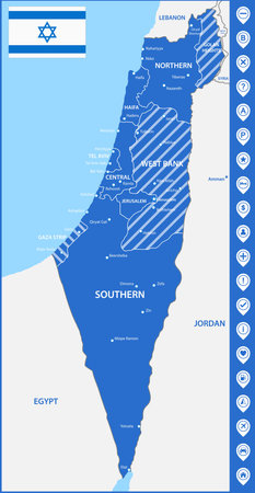 The detailed map of Israel with regions or states and cities, capitals. With map pins or pointers. Place location markers or signsのイラスト素材