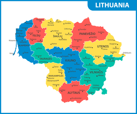 The detailed map of Lithuania with regions or states and cities, capital. Administrative divisionのイラスト素材
