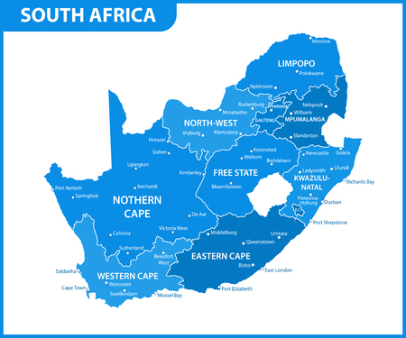 The detailed map of South Africa with regions or states and cities, capital. Administrative divisionのイラスト素材