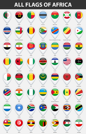 All flags of the countries of Africa. Pin map pointer glossy style.のイラスト素材