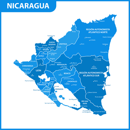 The detailed map of Nicaragua with regions or states and cities, capital. Administrative division.のイラスト素材