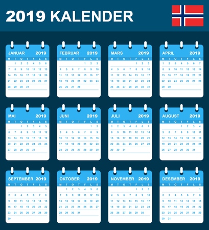 Norwegian Calendar for 2019. Scheduler, agenda or diary template. Week starts on Mondayのイラスト素材