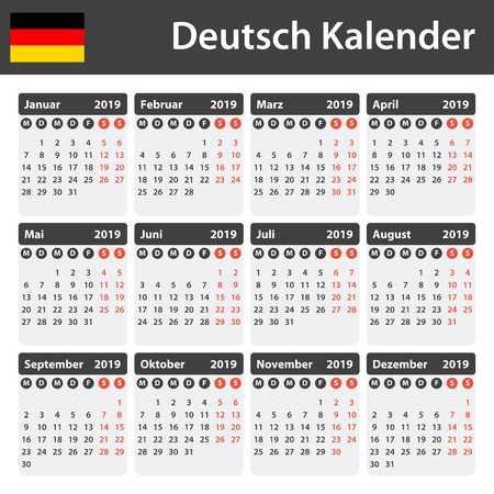 German Calendar for 2019. Scheduler, agenda or diary template. Week starts on Mondayのイラスト素材