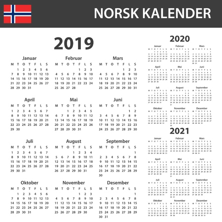 Norwegian Calendar for 2019, 2020 and 2021. Scheduler, agenda or diary template. Week starts on Mondayのイラスト素材