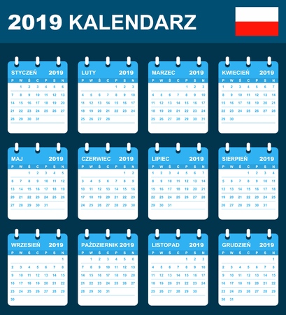 Polish Calendar for 2019. Scheduler, agenda or diary template. Week starts on Mondayのイラスト素材