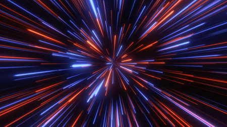 Through space, starfield. Abstract particles, neon rays background.の写真素材