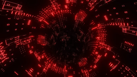 Abstract technology digital tunnel, pipe. Circle shape. Glowing background