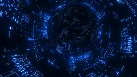 Abstract technology digital tunnel, pipe. Circle shape. Glowing background