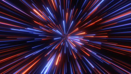 Through space, starfield. Abstract particles, neon rays background.の写真素材