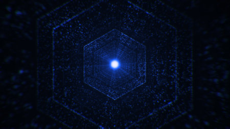 Travel through abstract technology digital LED tunnel from dots. Glowing backgroundの写真素材