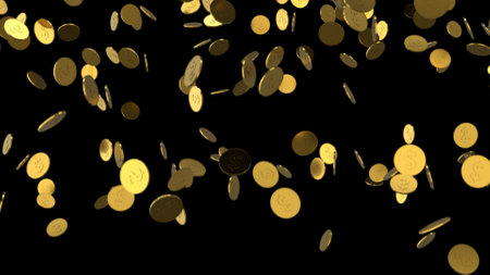 Falling coins or money golden rain backgroundの写真素材