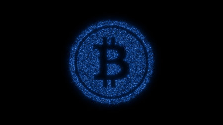 Bitcoin sign from blinking particles. Cryptocurrency, virtual money symbolの写真素材