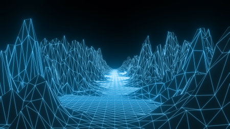 Retro wireframe lowpoly futuristic landscape background. cyberspace gridの写真素材