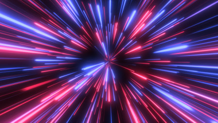 Through space, starfield. Abstract particles, neon rays background.の写真素材