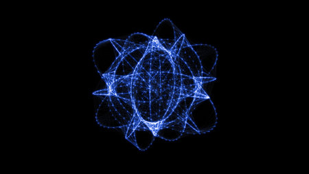 Flowing orbital polygonal sphere shape HUD, FUI element. Plexus style connecting lines and dots.の写真素材