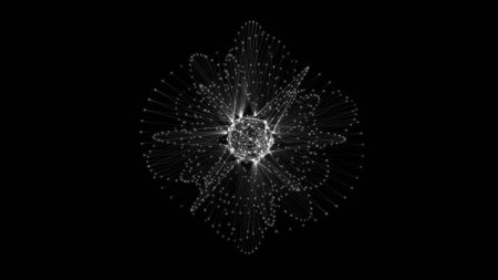 Flowing orbital polygonal sphere shape HUD, FUI element. Plexus style connecting lines and dots.