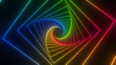 Travel through abstract neon tunnel. Glowing colorful background.の写真素材