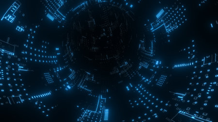 Travel through abstract technology digital tunnel, pipe. circle shape. Glowing backgroundの写真素材