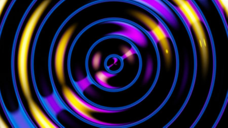 Futuristic iridescent holographic waves. Metallic foil background. Neon colors wavy surfaceの写真素材