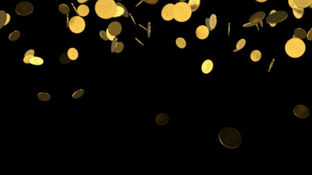 Falling coins or money golden rain backgroundの写真素材