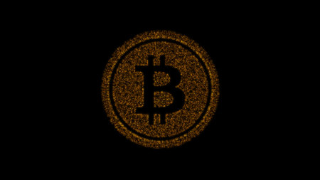 Bitcoin sign from blinking particles. Cryptocurrency, virtual money symbolの写真素材