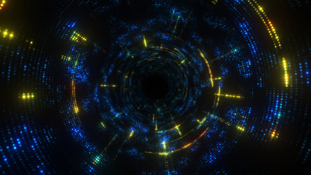 Travel through abstract dotted technology digital tunnel. circle shape.の写真素材