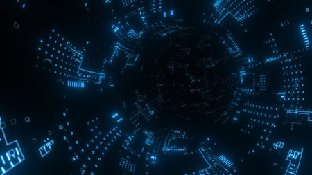 Travel through abstract technology digital tunnel, pipe. circle shape. Glowing backgroundの写真素材