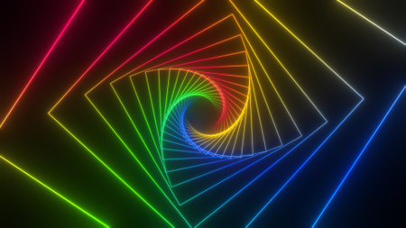 Travel through abstract neon tunnel. Glowing colorful background.の写真素材