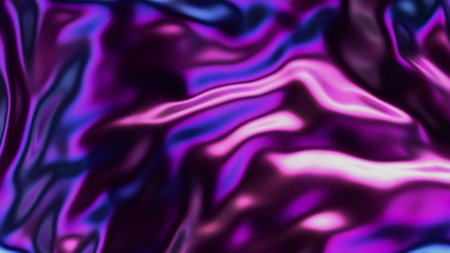 Futuristic iridescent holographic waves. Metallic foil background. Neon colors wavy surfaceの写真素材