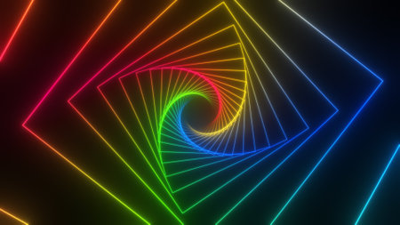 Travel through abstract neon tunnel. Glowing colorful background.の写真素材