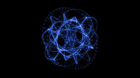 Flowing orbital polygonal sphere shape HUD, FUI element. Plexus style connecting lines and dots.の写真素材