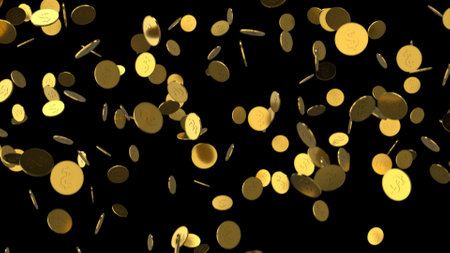 Falling coins or money golden rain backgroundの写真素材
