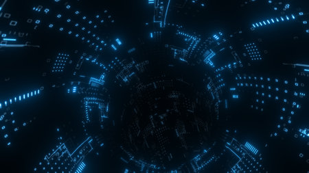 Travel through abstract technology digital tunnel, pipe. circle shape. Glowing backgroundの写真素材