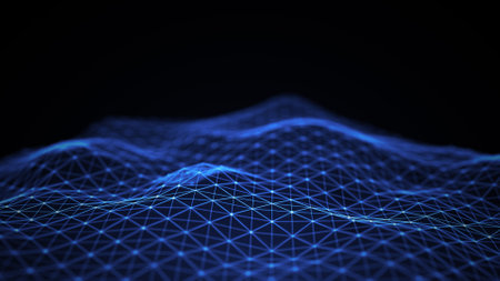 Abstract flowing smooth surface fractal waves background. Grid, mesh of dots.の写真素材