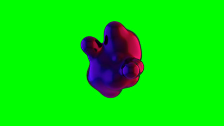 Fluid iridescent liquid blob, metaball morph. Scattering, merging and flowing glossy liquid deform organic moleculesの写真素材